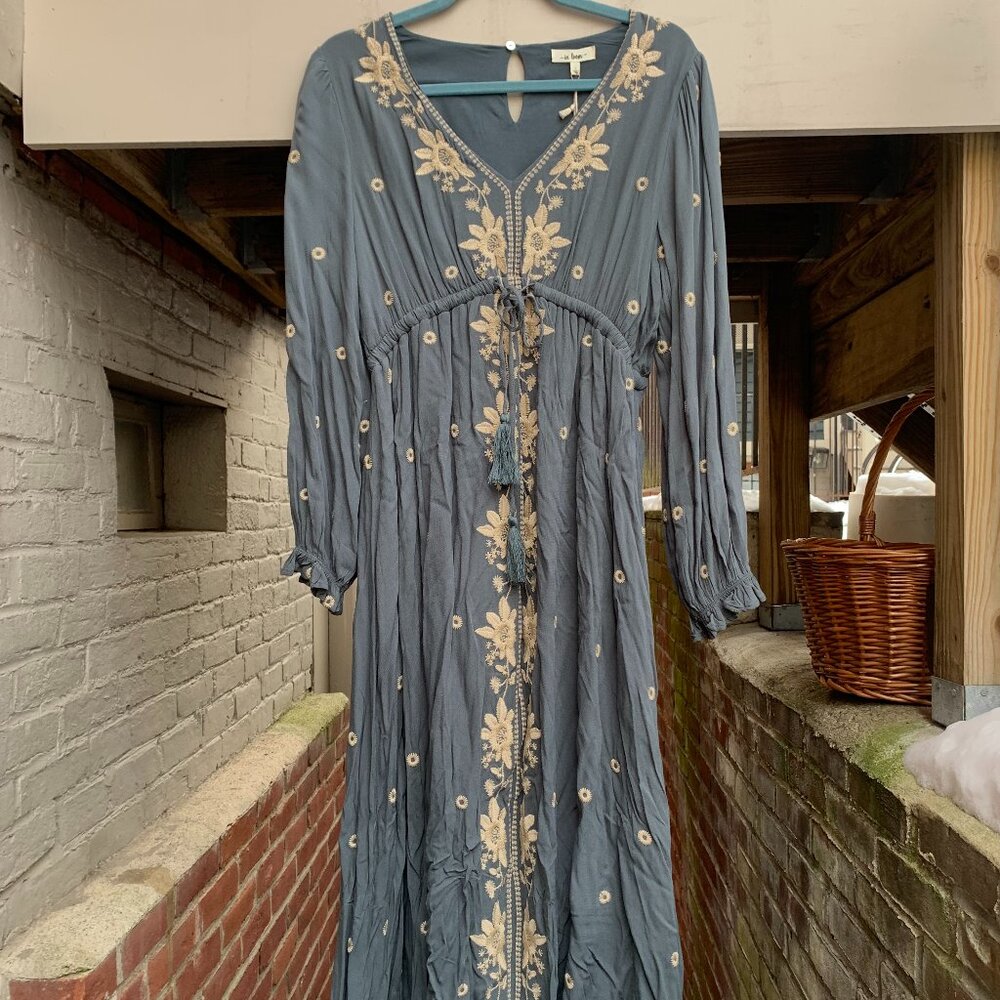 Boho Blue-Green Midi Dress with Bell Sleeves